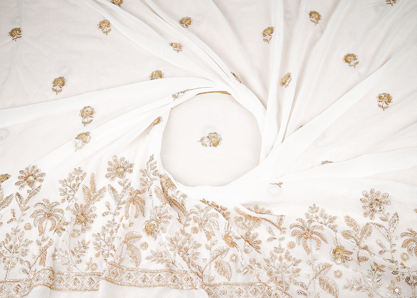 White Dyeable Georgette Fabric With All Over Buti Of Zari, Sequins And Bead Work With One Side Border 21676