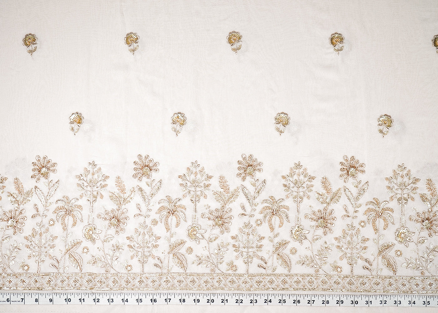 White Dyeable Georgette Fabric With All Over Buti Of Zari, Sequins And Bead Work With One Side Border 21676