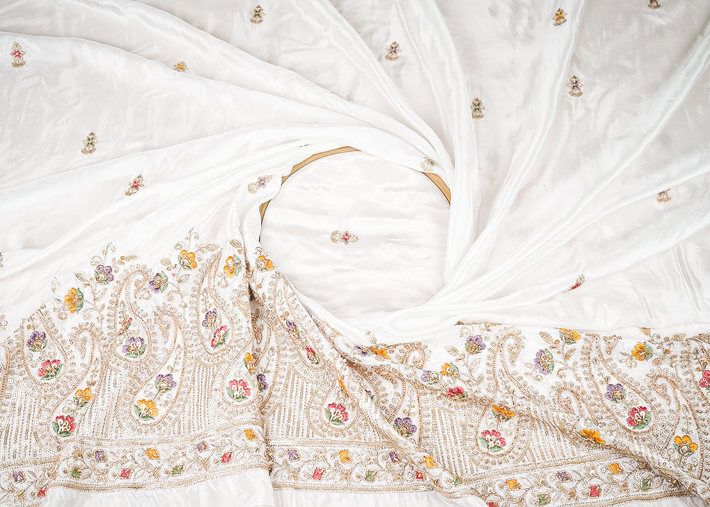 White Dyeable Crepe Fabric With All Over Buti Of Zari, Sequins, Thread And Katdana With One Side Border 21678