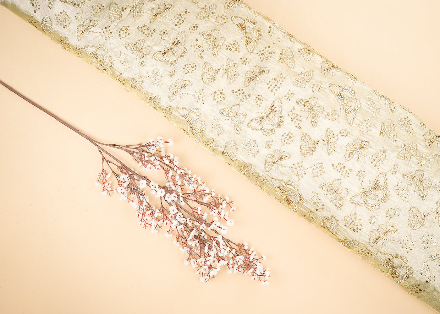 Golden Dyeable Tissue Fabric With All Over Zari, Sequins, Bead And Katdana Work 21680