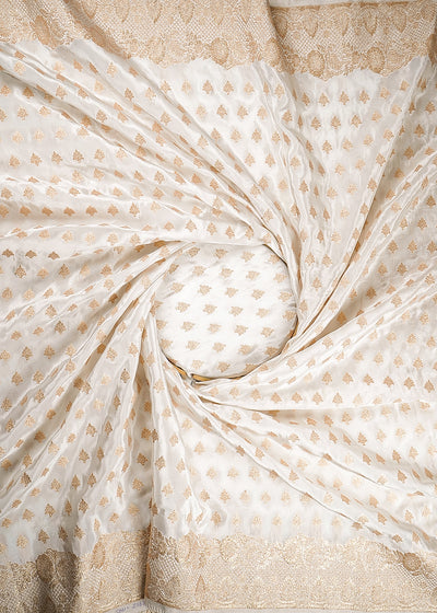 White Dyeable Crepe Fabric With All Over Buti Of Zari Handloom With Both Side Border 21687