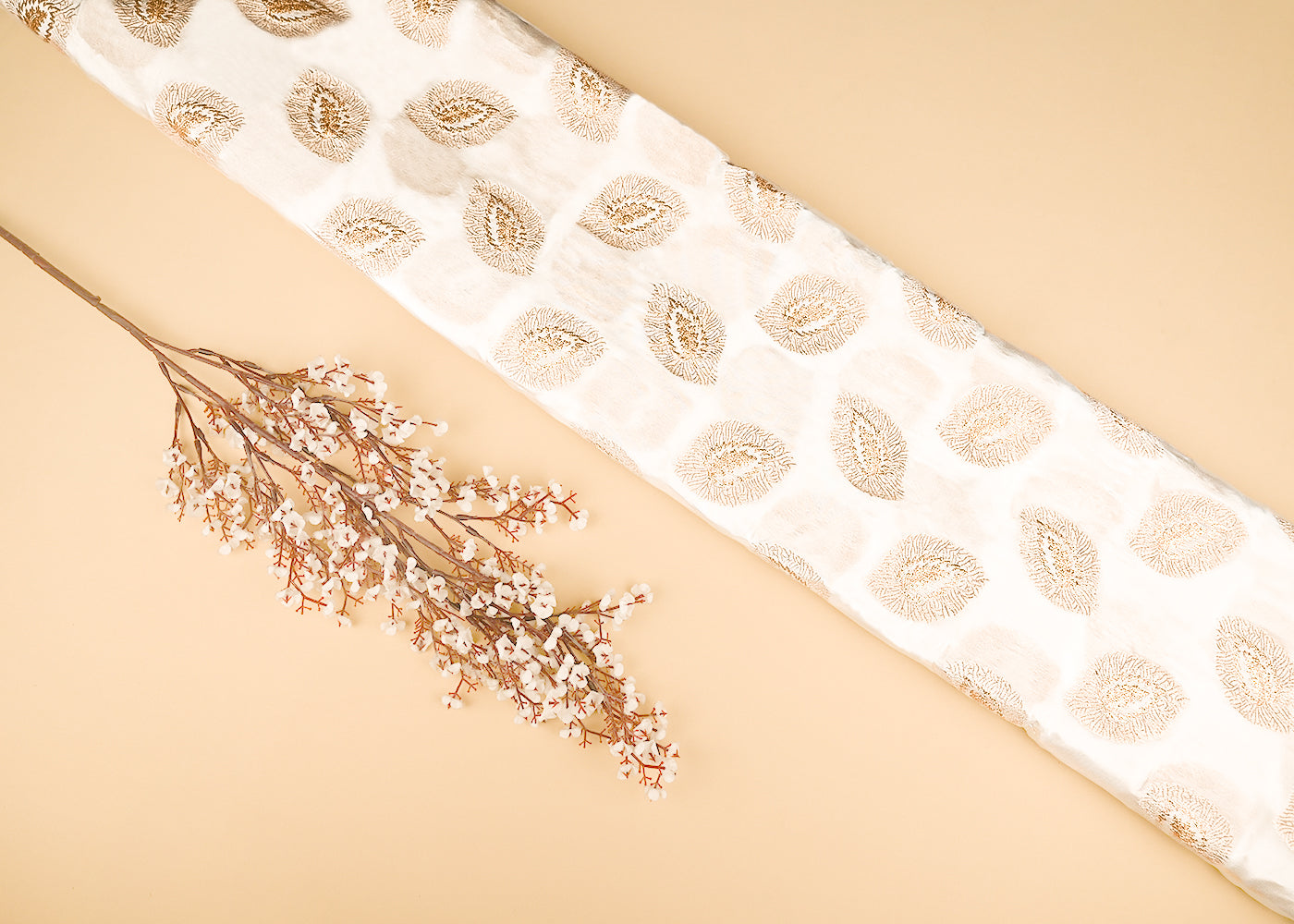 White Dyeable Crepe Fabric With All Over Zari Handloom 21689