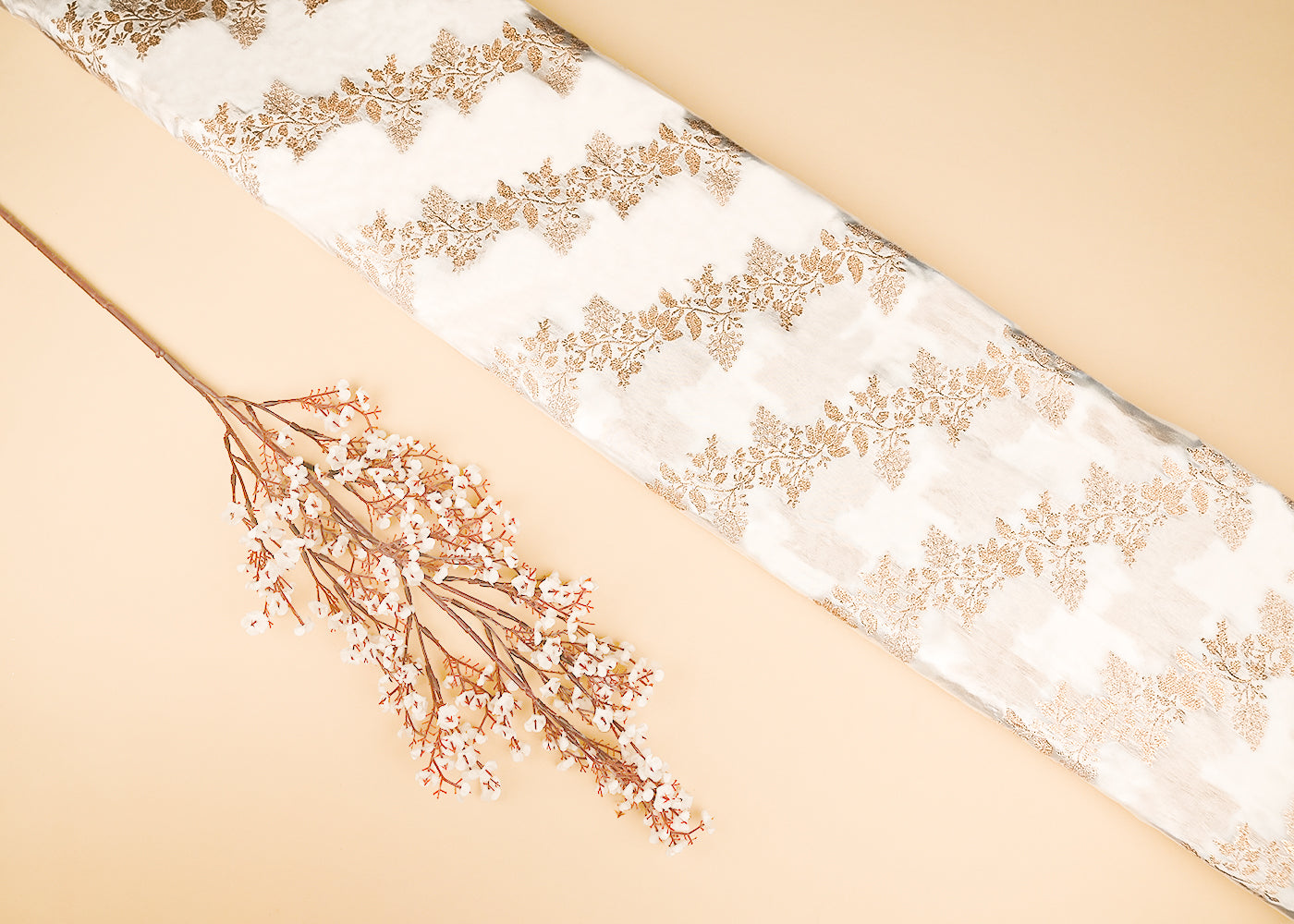 White Dyeable Crepe Fabric With All Over Zari Handloom 21692