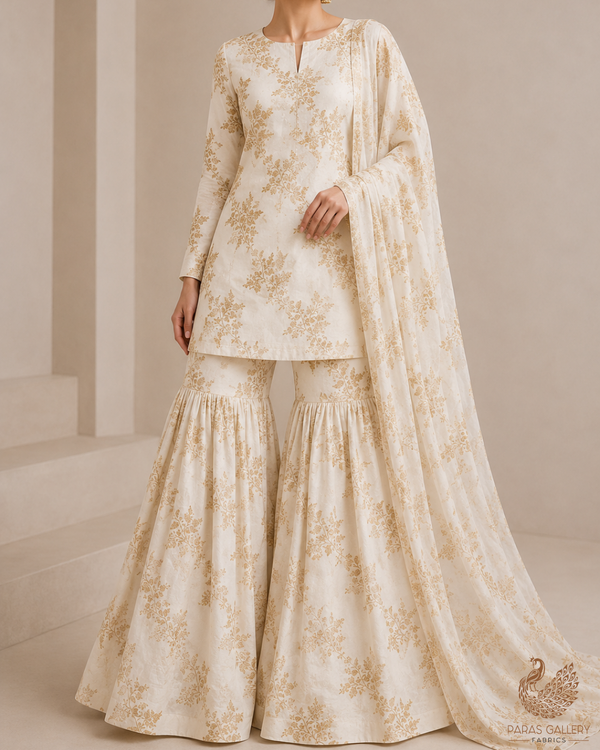 White Dyeable Crepe Fabric With All Over Zari Handloom 21692