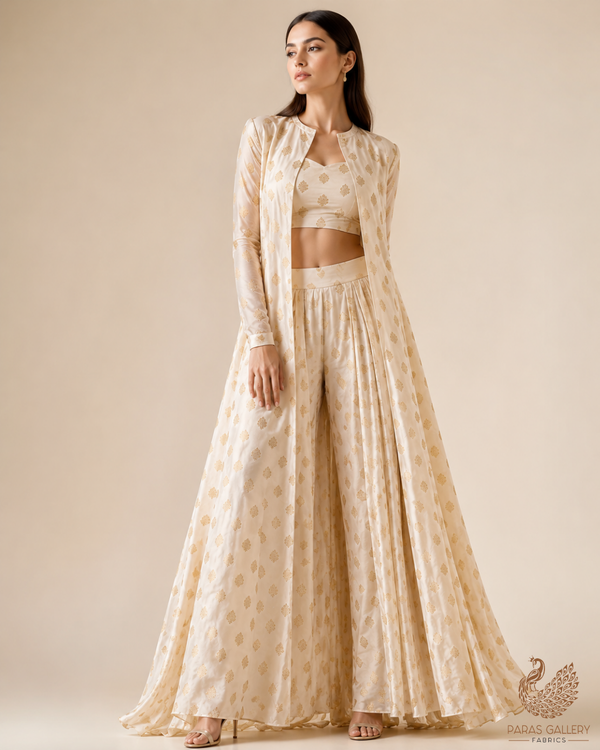 White Dyeable Crepe Fabric With All Over Buti Of Zari Handloom 21694