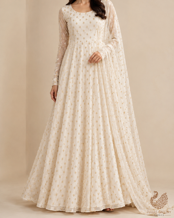White Dyeable Crepe Fabric With All Over Buti Of Zari Handloom 21694