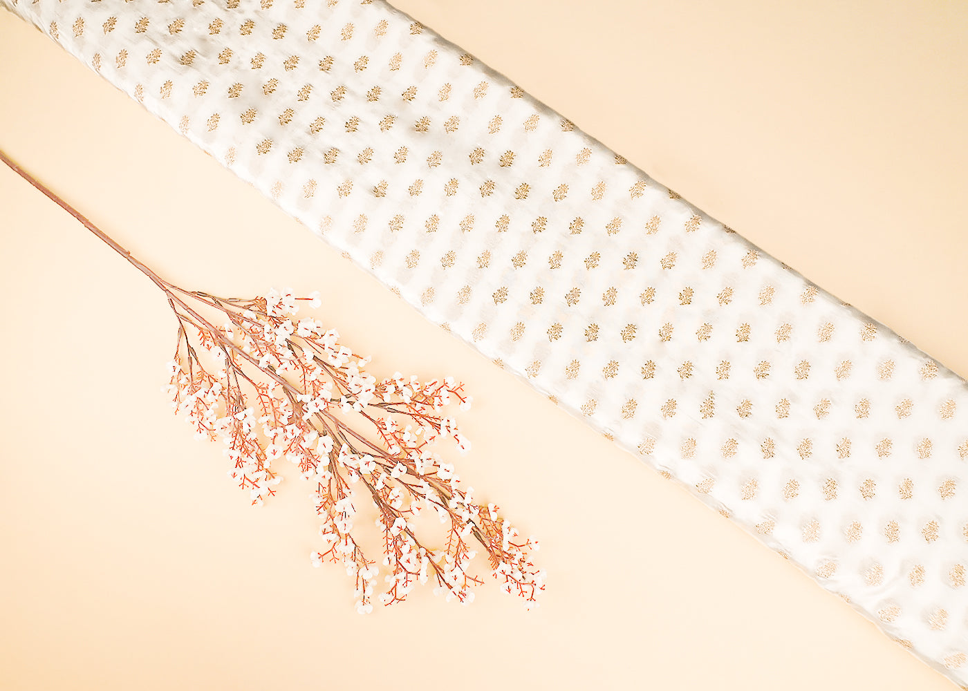 White Dyeable Crepe Fabric With All Over Buti Of Zari Handloom 21695