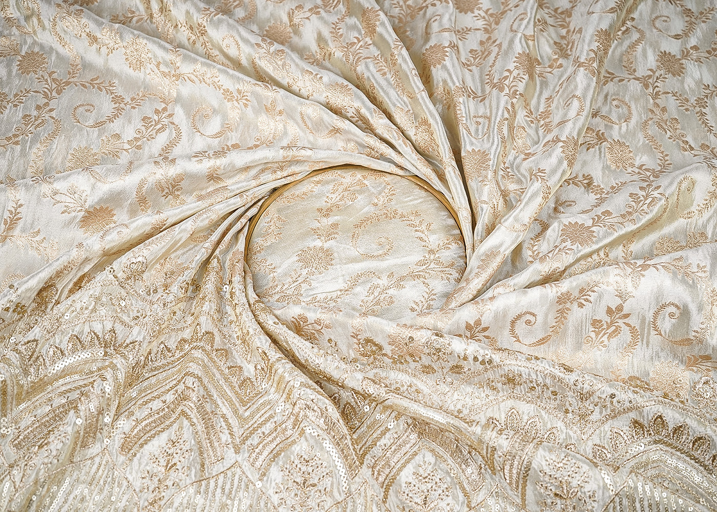 Golden Dyeable Tissue Fabric With All Over Zari Handloom And One-Side Sequins And Zari Work Scalloped Border 21698