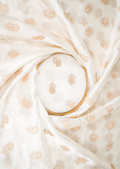 White Dyeable Organza Satin Fabric With All Over Zari Handloom 21699