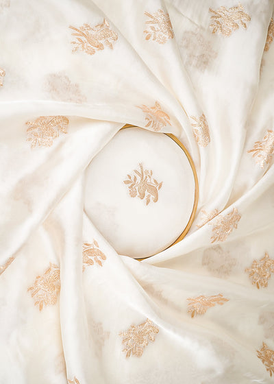 White Dyeable Organza Satin Fabric With All Over Zari Handloom 21701