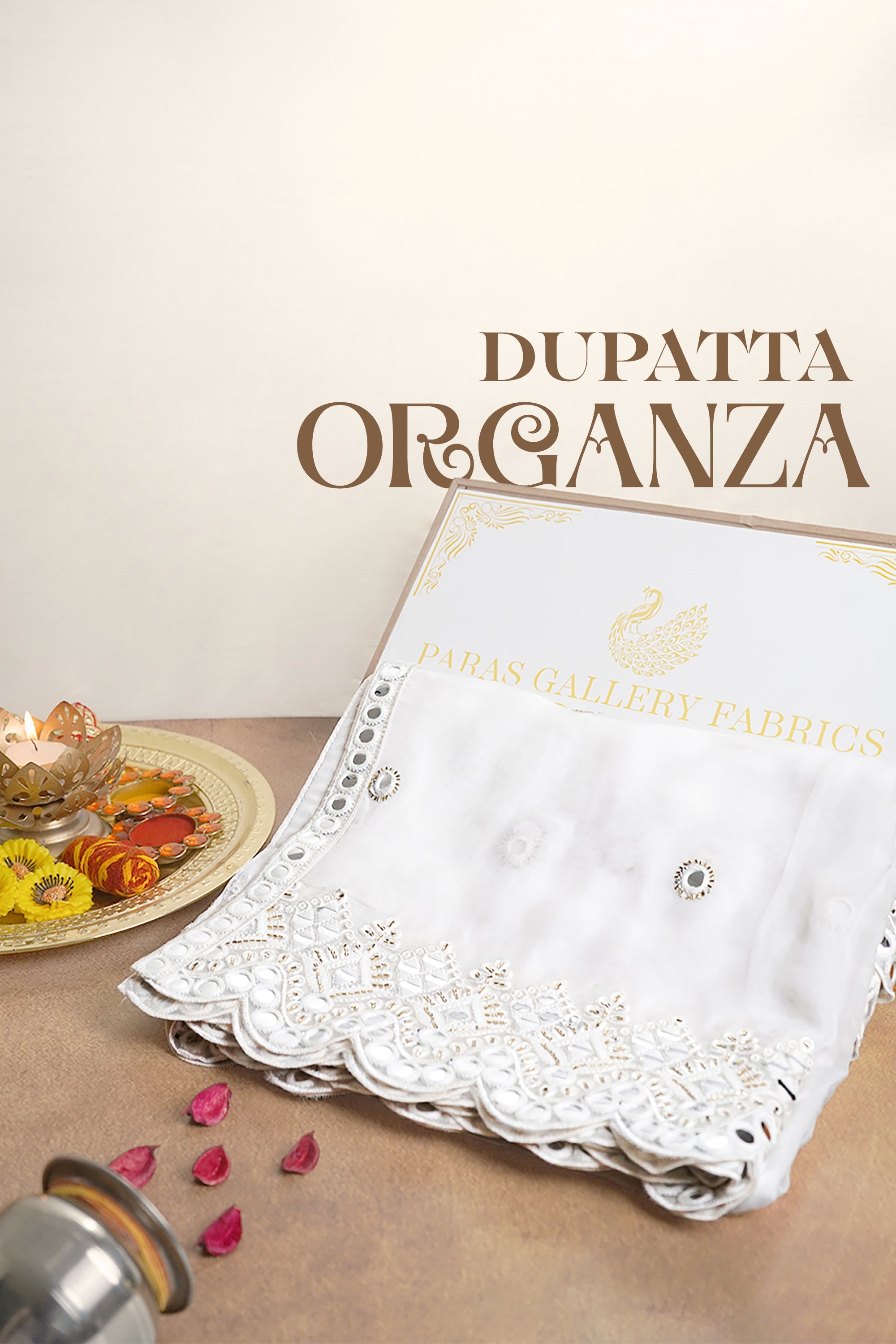 White Dyeable Organza Dupatta With All Over Thread, Katdana and Faux Mirror Work 21703