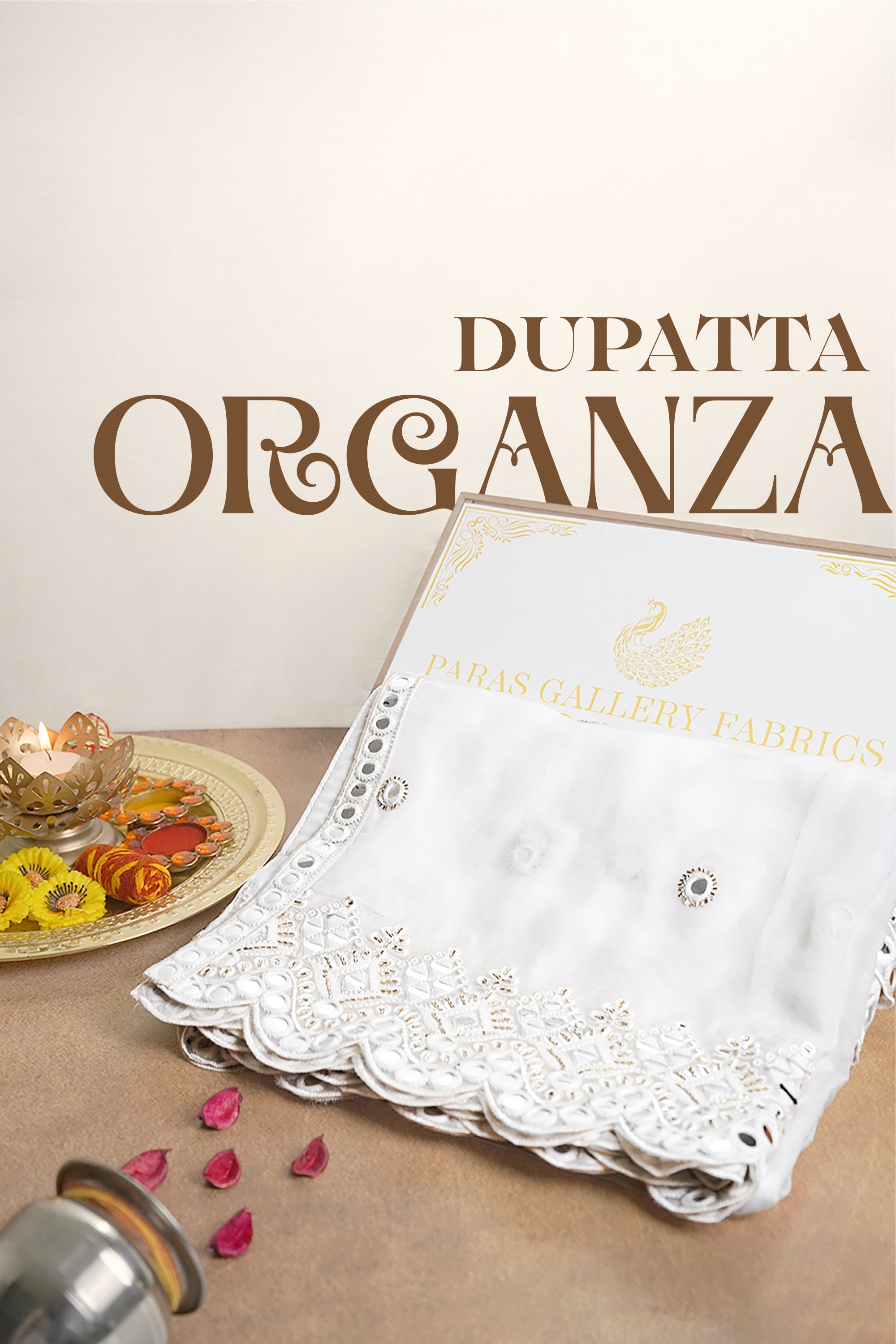 White Dyeable Organza Dupatta With All Over Thread, Katdana and Faux Mirror Work 21703
