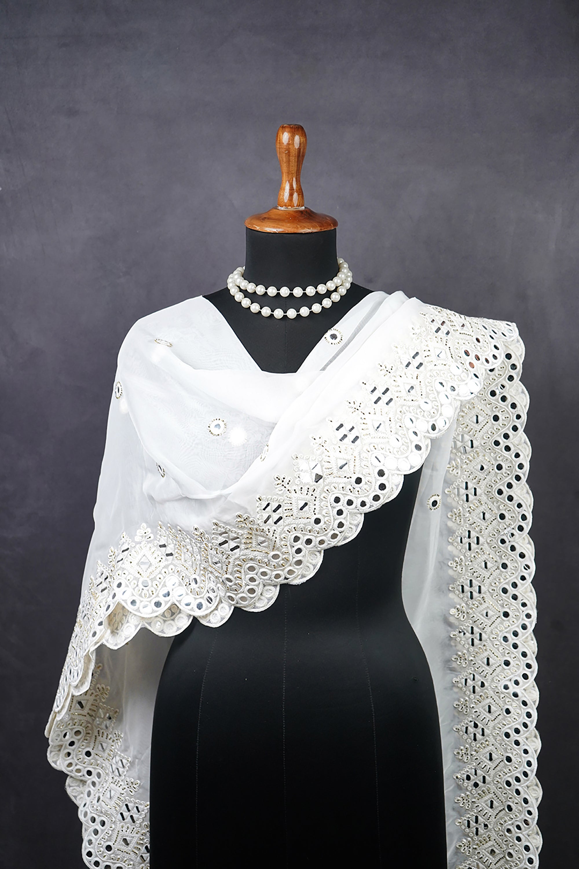 White Dyeable Organza Dupatta With All Over Thread, Katdana and Faux Mirror Work 21703