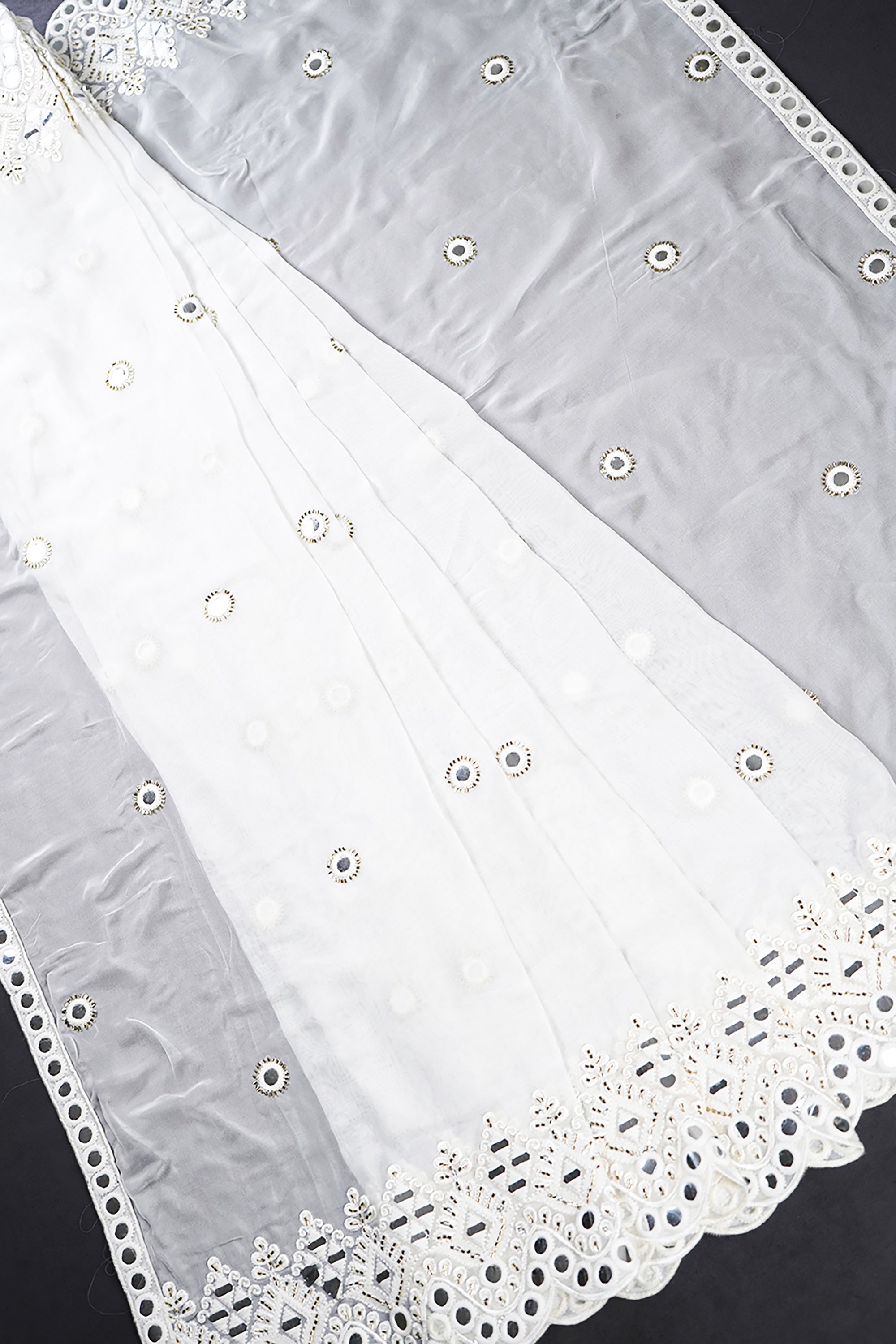 White Dyeable Organza Dupatta With All Over Thread, Katdana and Faux Mirror Work 21703