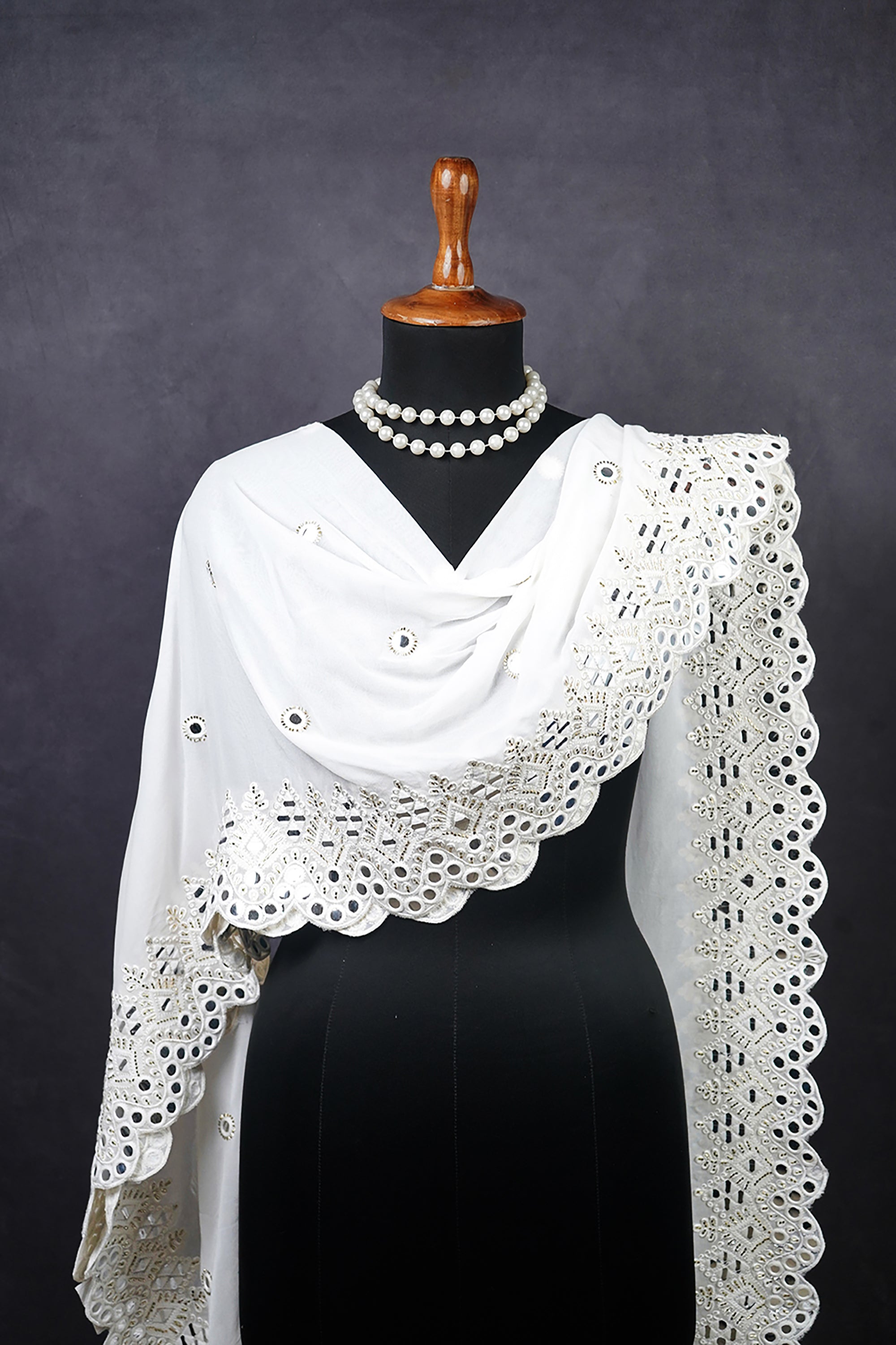 White Dyeable Georgette Dupatta With All Over Thread, Katdana and Faux Mirror Work 21704