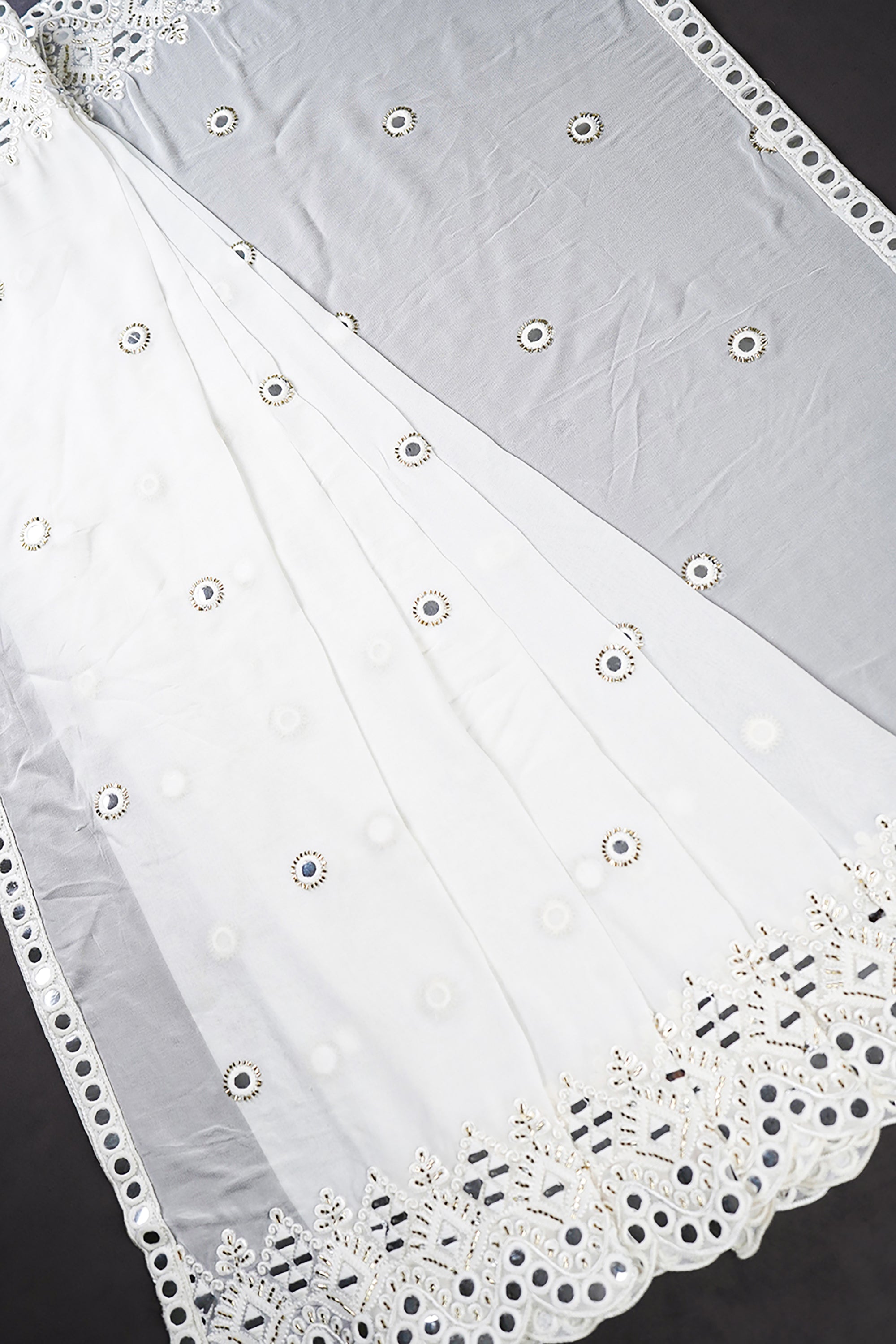 White Dyeable Georgette Dupatta With All Over Thread, Katdana and Faux Mirror Work 21704