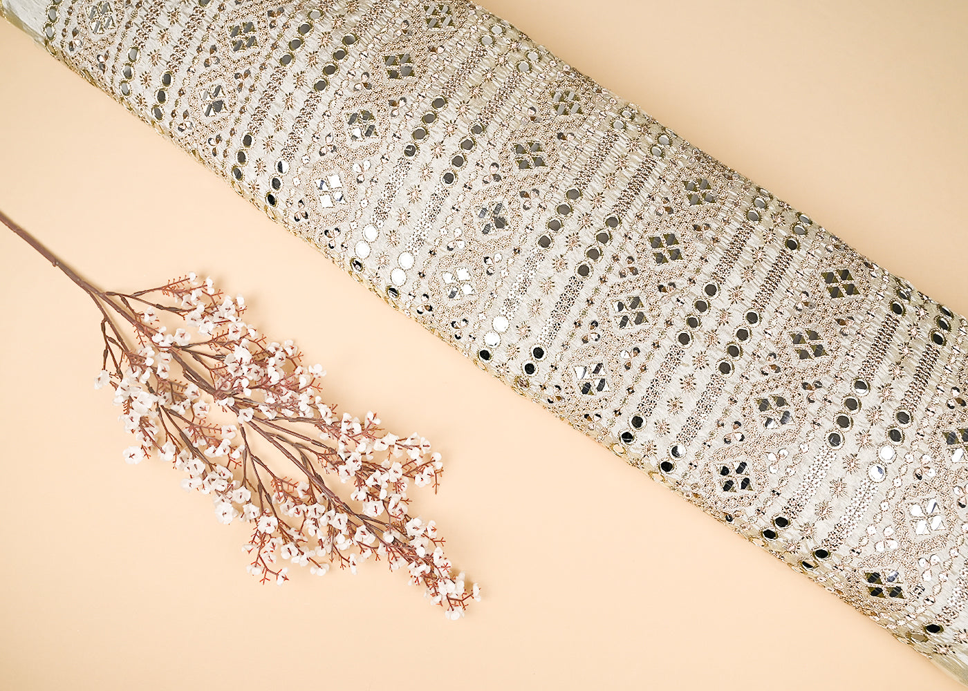 Golden Dyeable Tissue Fabric With All Over Zari, Sequins, Katdana And Faux Mirror Work 21708