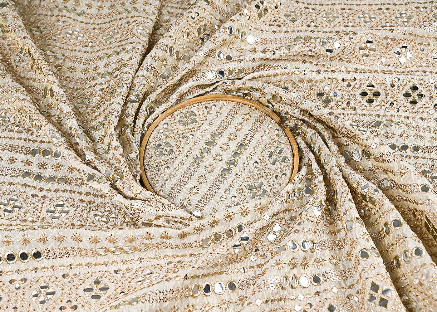 Golden Dyeable Tissue Fabric With All Over Zari, Sequins, Katdana And Faux Mirror Work 21708