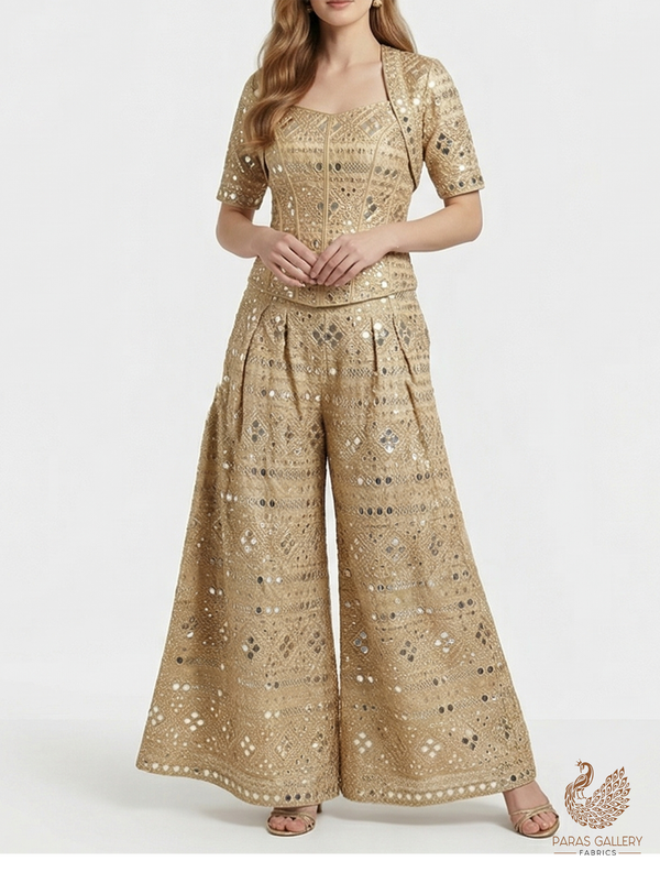 The Noor - Golden Dyeable Tissue Fabric With All Over Zari, Sequins, Katdana And Faux Mirror Work | 21708