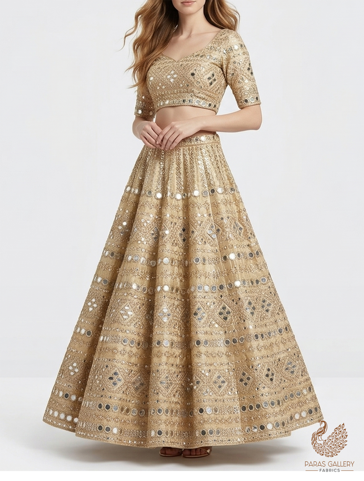 The Noor - Golden Dyeable Tissue Fabric With All Over Zari, Sequins, Katdana And Faux Mirror Work | 21708