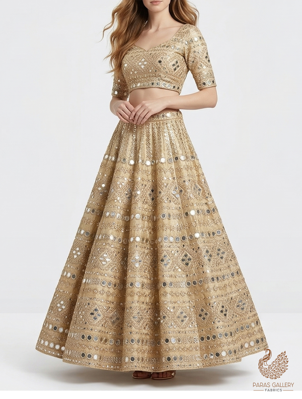 The Noor - Golden Dyeable Tissue Fabric With All Over Zari, Sequins, Katdana And Faux Mirror Work | 21708