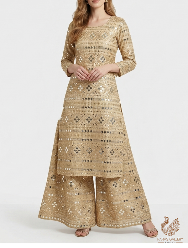 The Noor - Golden Dyeable Tissue Fabric With All Over Zari, Sequins, Katdana And Faux Mirror Work | 21708