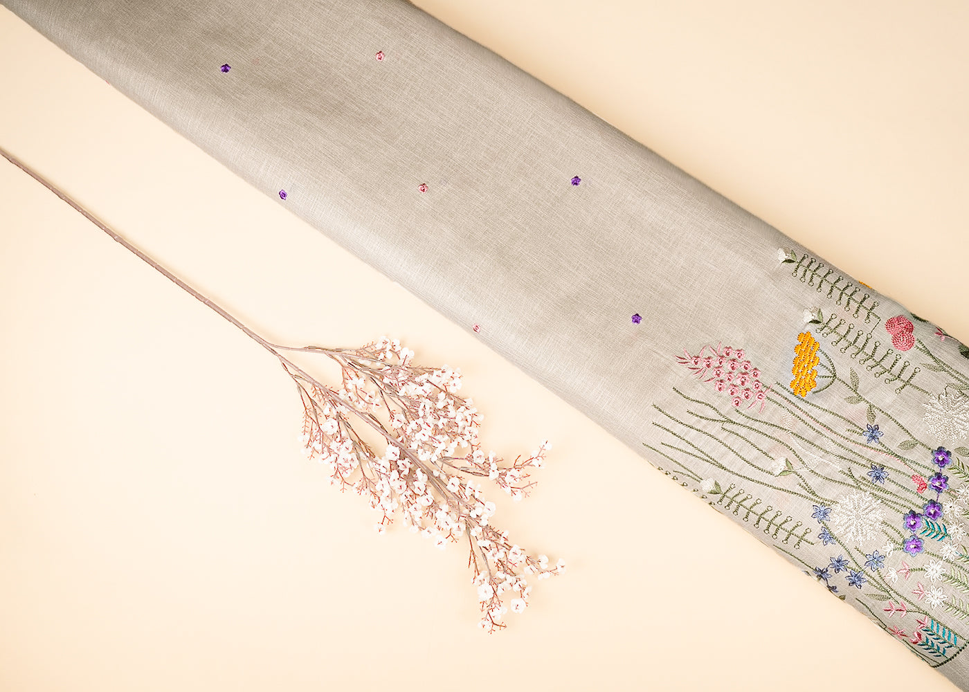 Light Beige Cotton Linen Fabric With All Over Buti Of Thread Work And Floral Border 21711