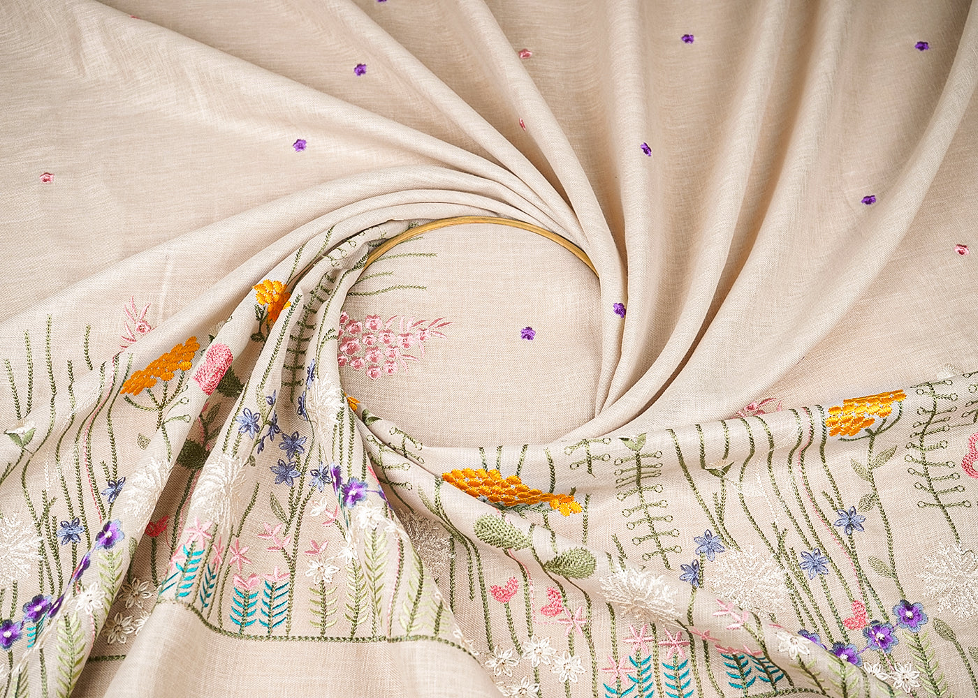 Light Beige Cotton Linen Fabric With All Over Buti Of Thread Work And Floral Border 21711