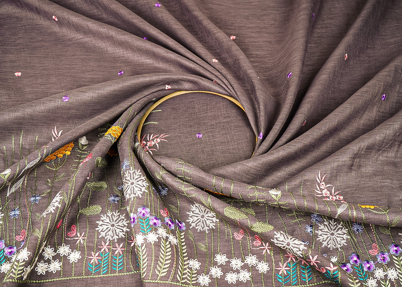 Brown Cotton Linen Fabric With All Over Buti Of Thread Work And Floral Border 21712