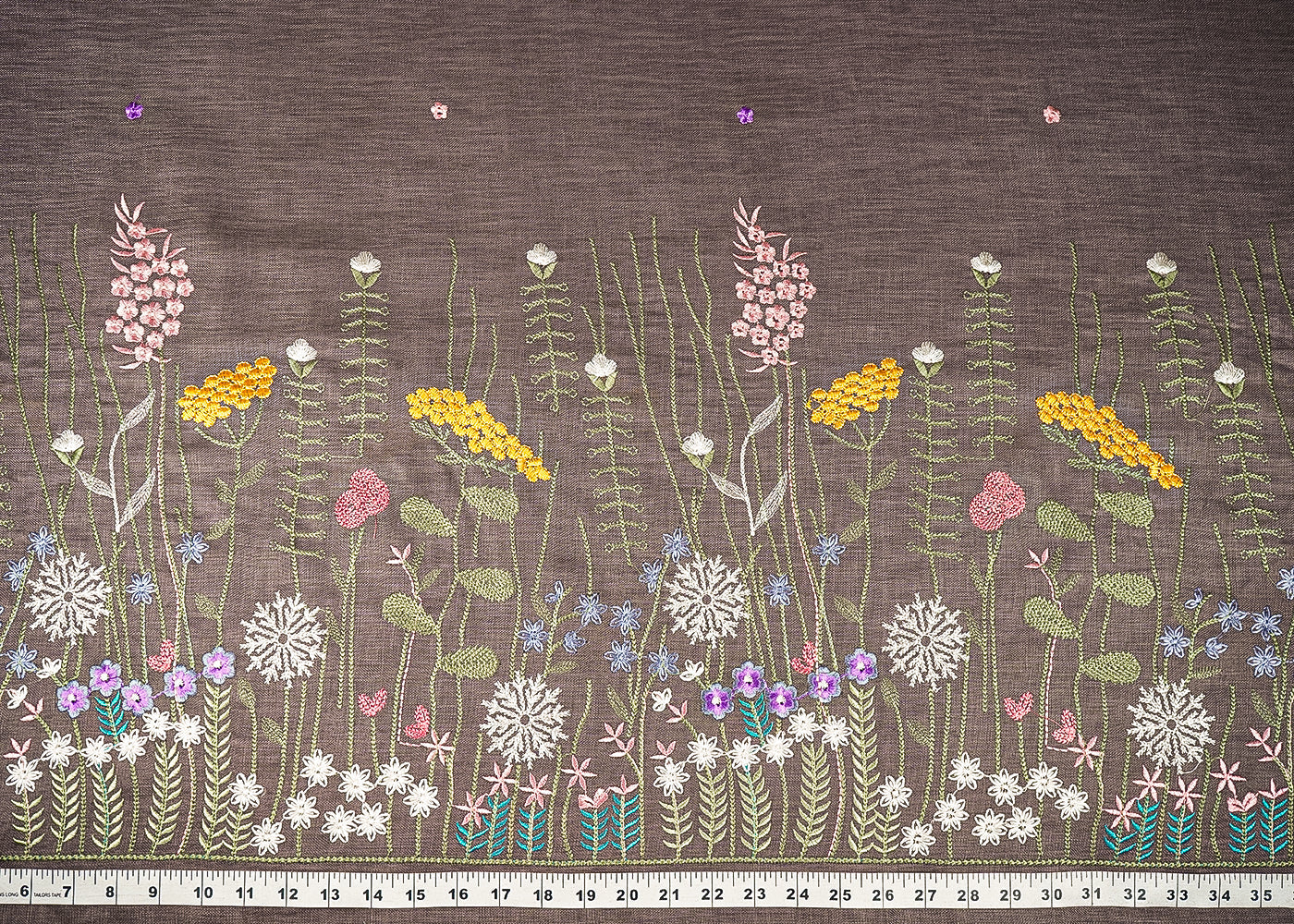 Brown Cotton Linen Fabric With All Over Buti Of Thread Work And Floral Border 21712