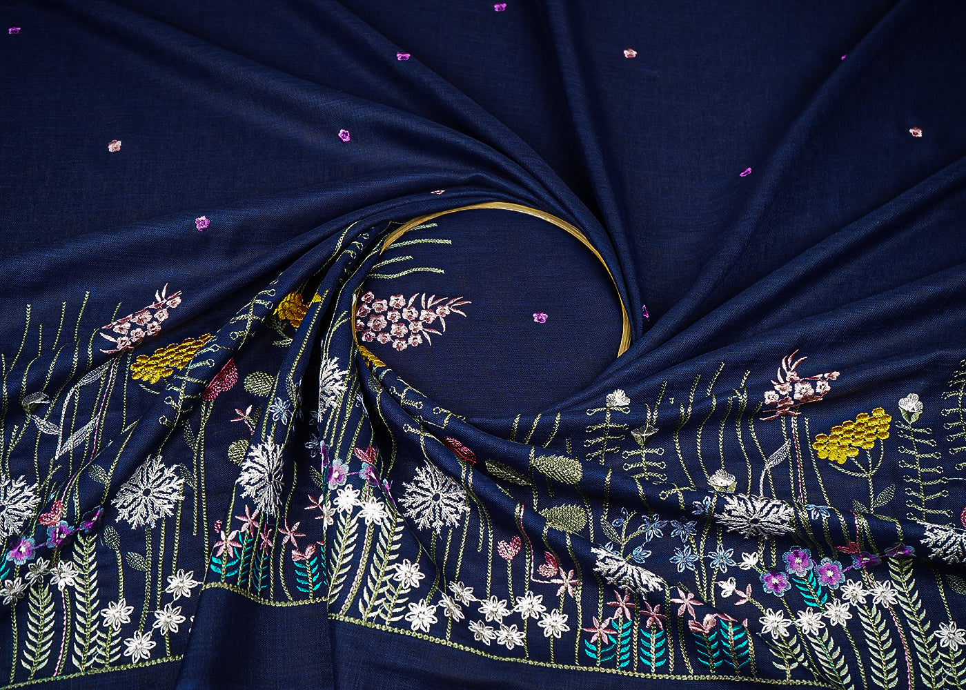 Navy Blue Cotton Linen Fabric With All Over Buti Of Thread Work And Floral Border 21713