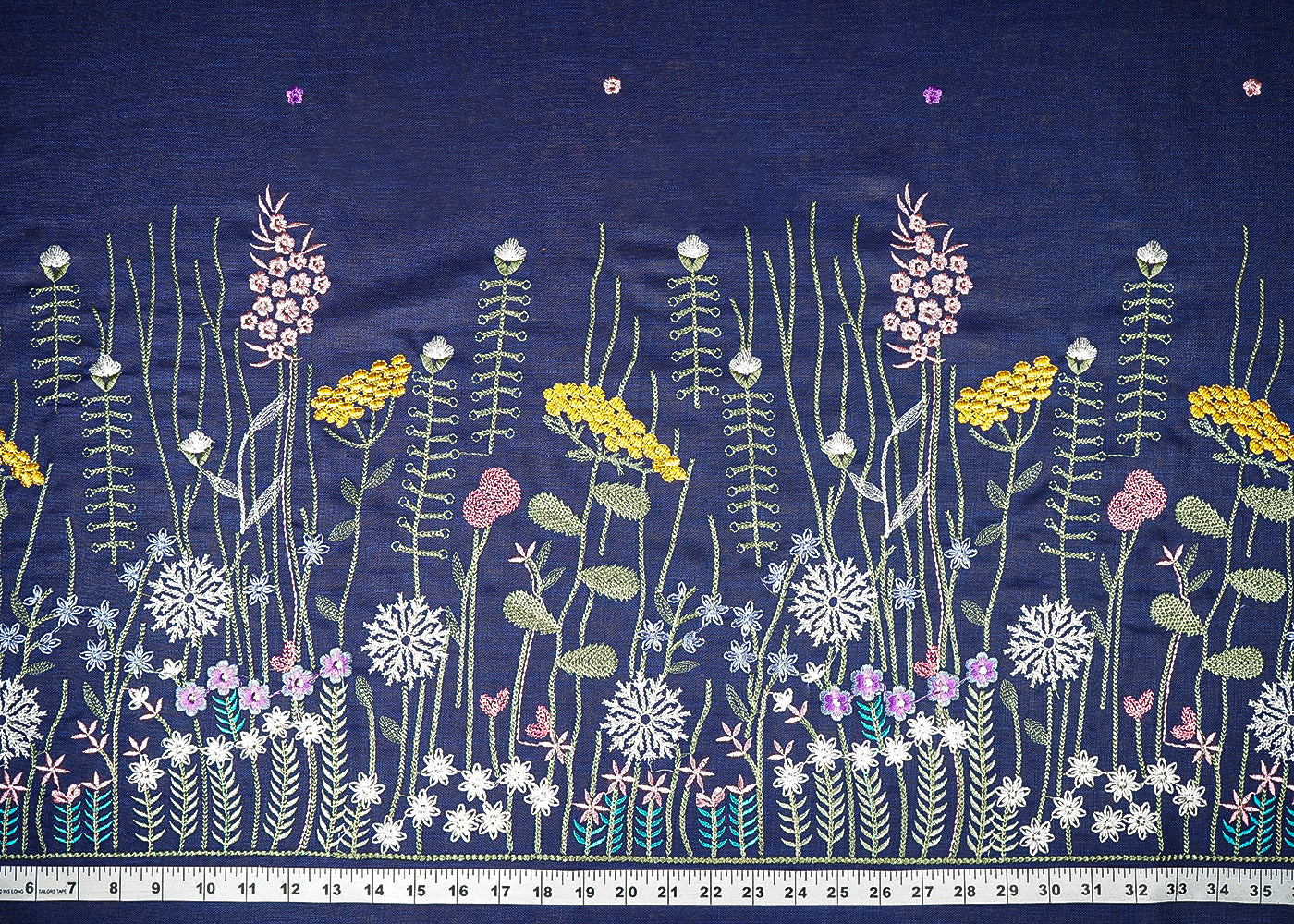 Navy Blue Cotton Linen Fabric With All Over Buti Of Thread Work And Floral Border 21713