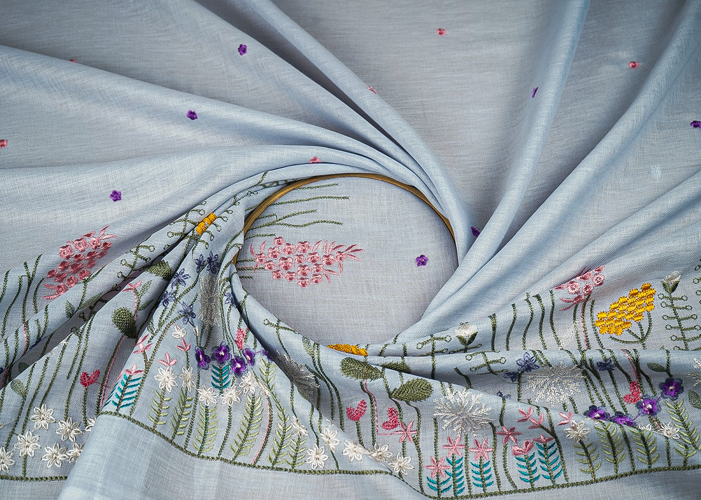 Ice Blue Cotton Linen Fabric With All Over Buti Of Thread Work And Floral Border 21714