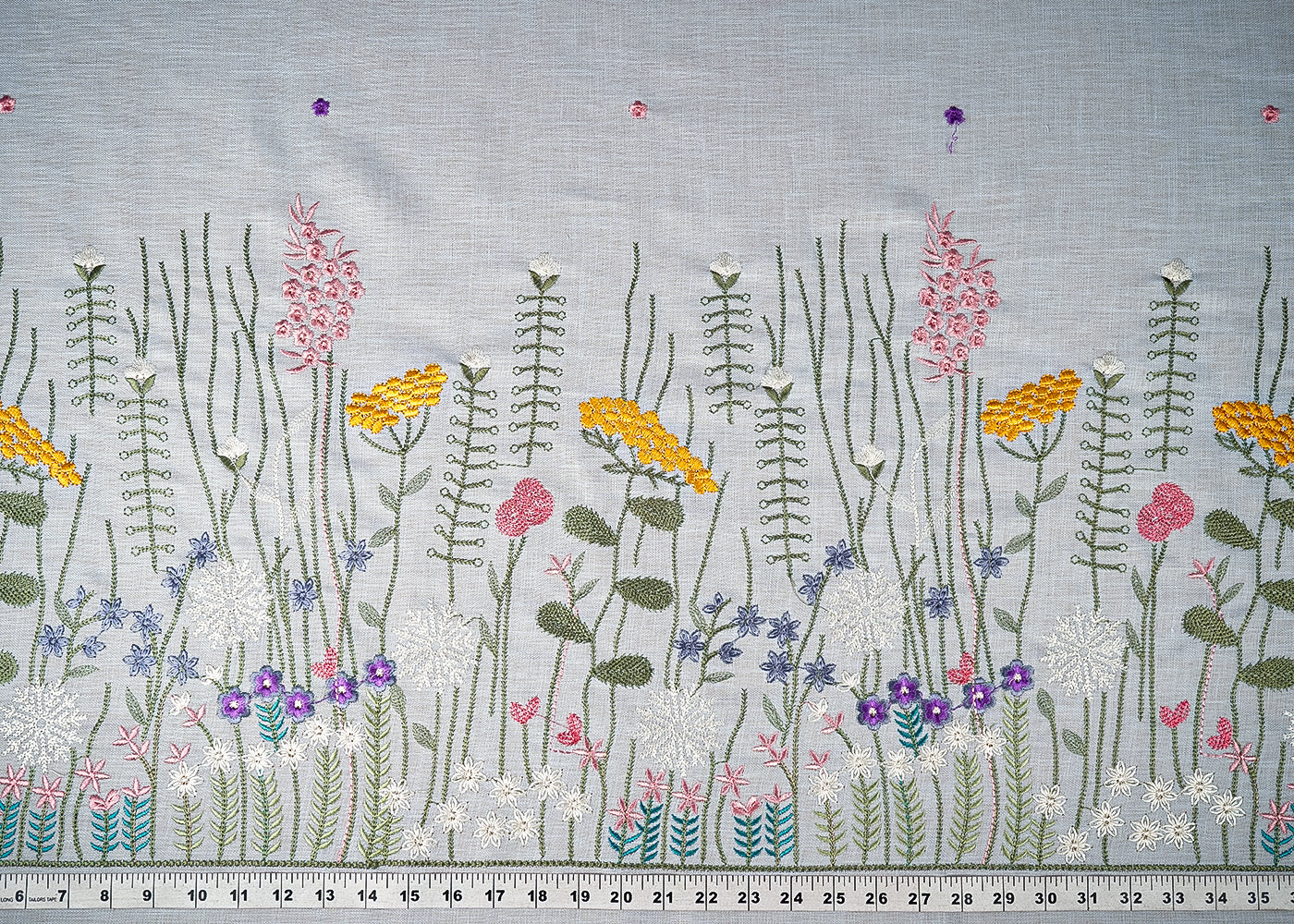 Ice Blue Cotton Linen Fabric With All Over Buti Of Thread Work And Floral Border 21714