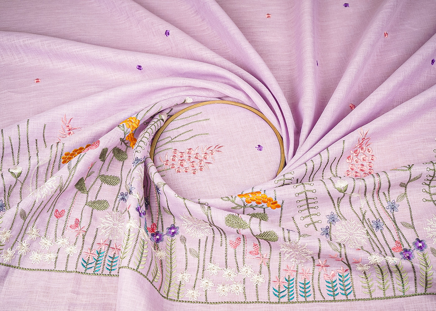 Lilac Cotton Linen Fabric With All Over Buti Of Thread Work And Floral Border 21715