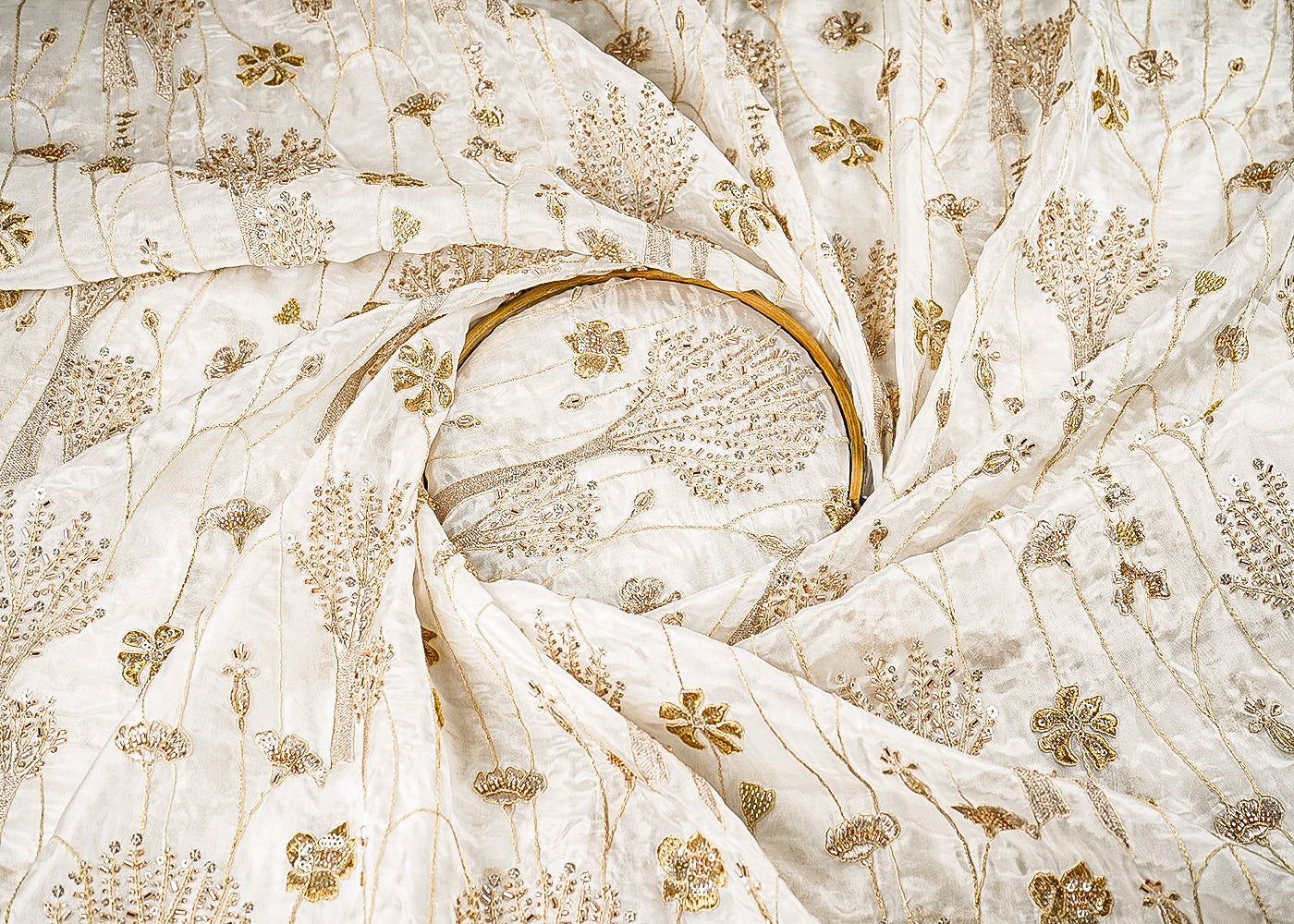 White Dyeable Organza Fabric With All Over Sequins, Bead, Katdana And Zari Work 21716