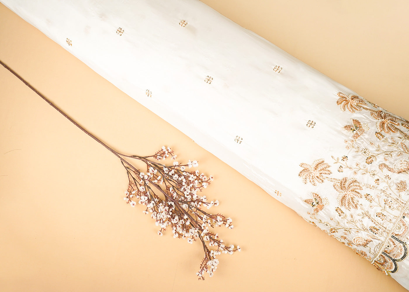 White Dyeable Organza Fabric With All Over Buti Of Sequins, Bead And Katdana Work With One Side Scalloped Border 21718