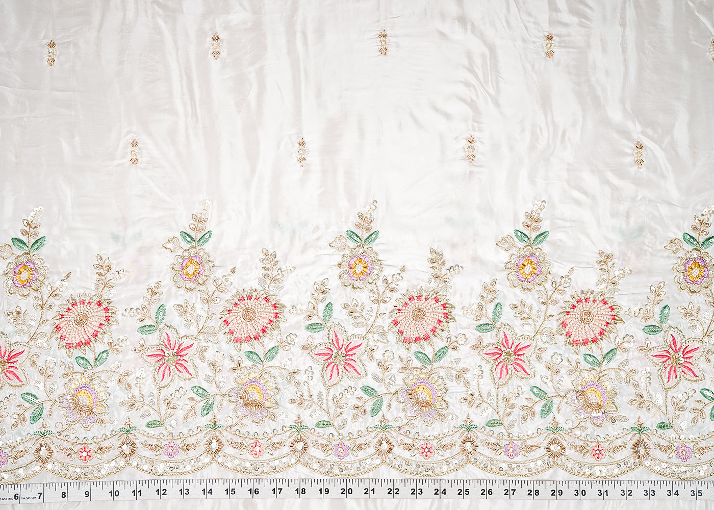 White Dyeable Crepe Fabric With All Over Buti Of Katdana, Bead And Sequins Work With One Side Scalloped Border 21719