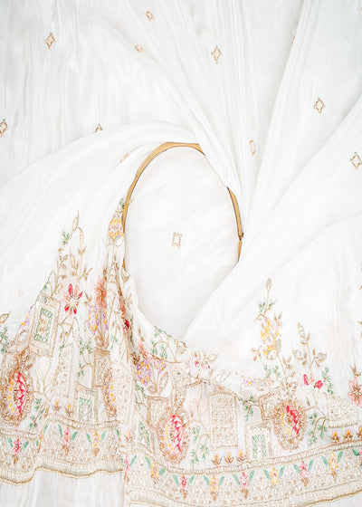 White Dyeable Organza Fabric With All Over Sequins, Bead, Katdana And Multi Color Thread Work With One Side Border 21720