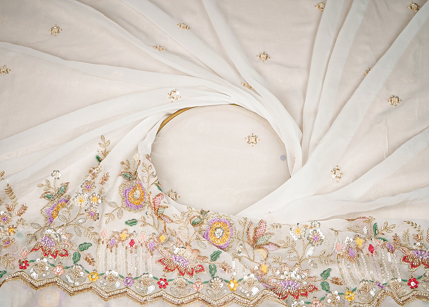 White Dyeable Georgette Fabric With All Over Buti Of Sequins, Katdana And Bead Work With One Side Border 21721