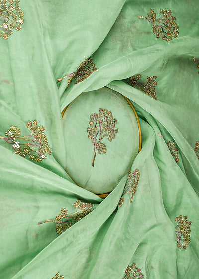 Mint Green Organza Fabric With All Over Thread, Sequins And Katdana Work 21722