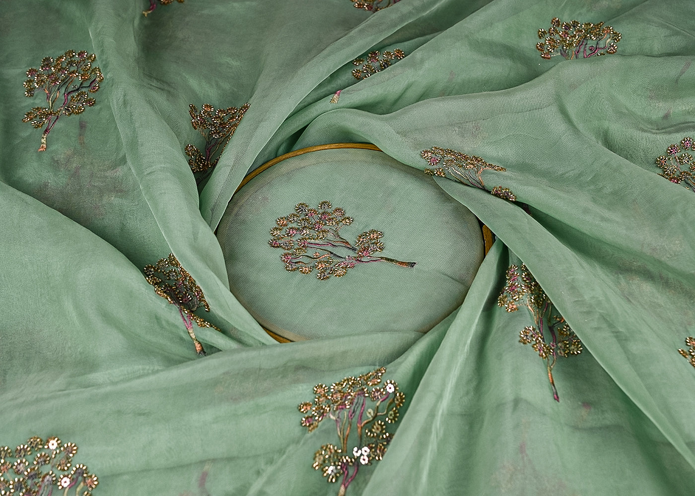 Aqua Green Organza Fabric With All Over Thread, Sequins And Katdana Work 21722