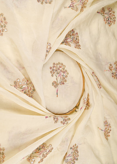 Light Cream Organza Fabric With All Over Thread, Sequins And Katdana Work 21723