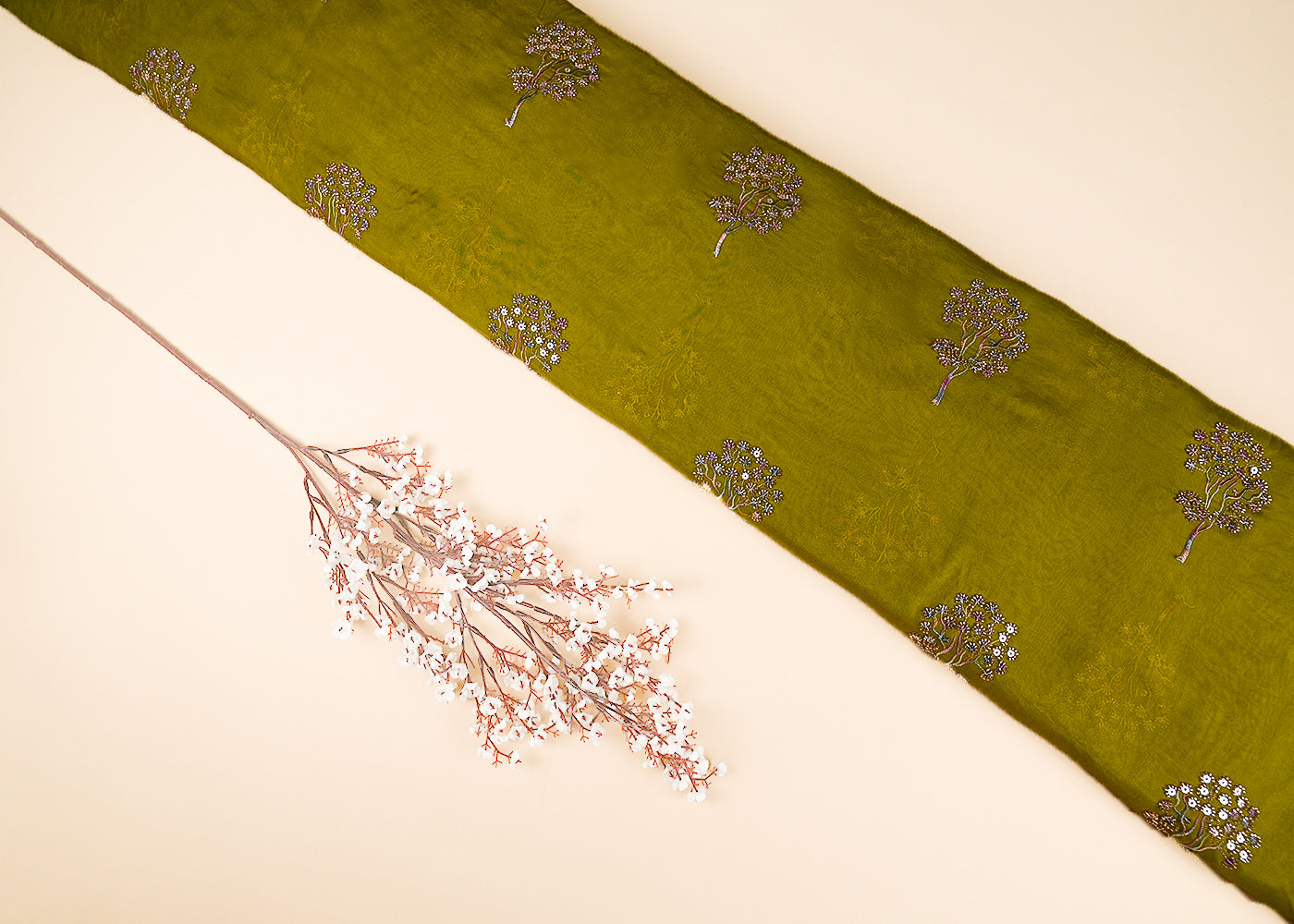 Green Organza Fabric With All Over Thread, Sequins And Katdana Work 21724