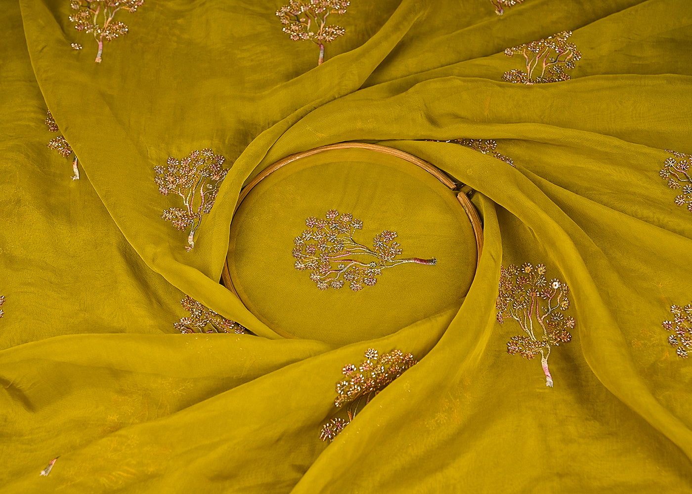 Mehendi-Green-Organza-Fabric-With-All-Over-Thread-Sequins-And-Katdana-Work-21724-close-view