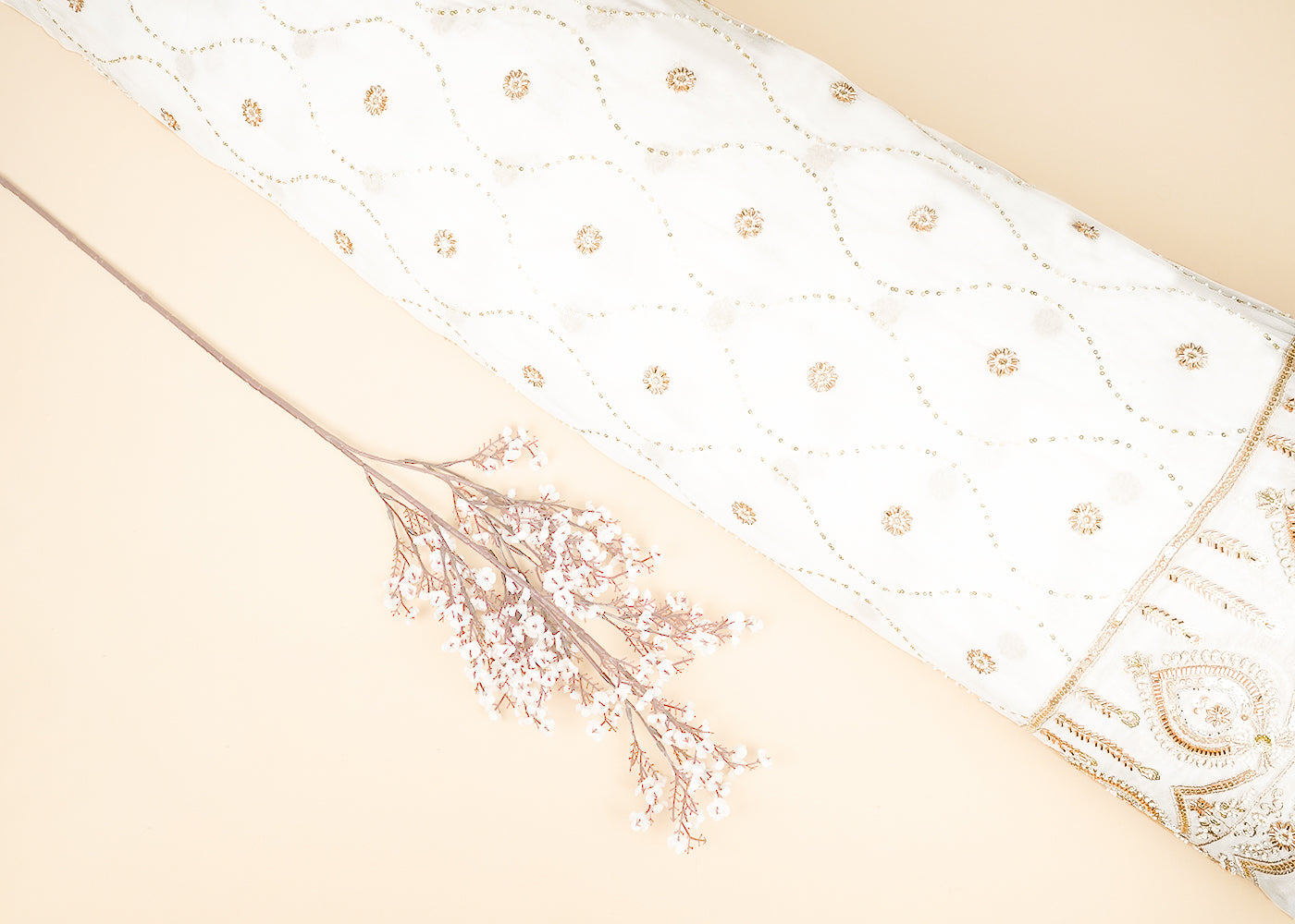 White Dyeable Georgette Fabric With All Over Sequins, Bead And Katdana Work With One Side Scalloped Border 21731