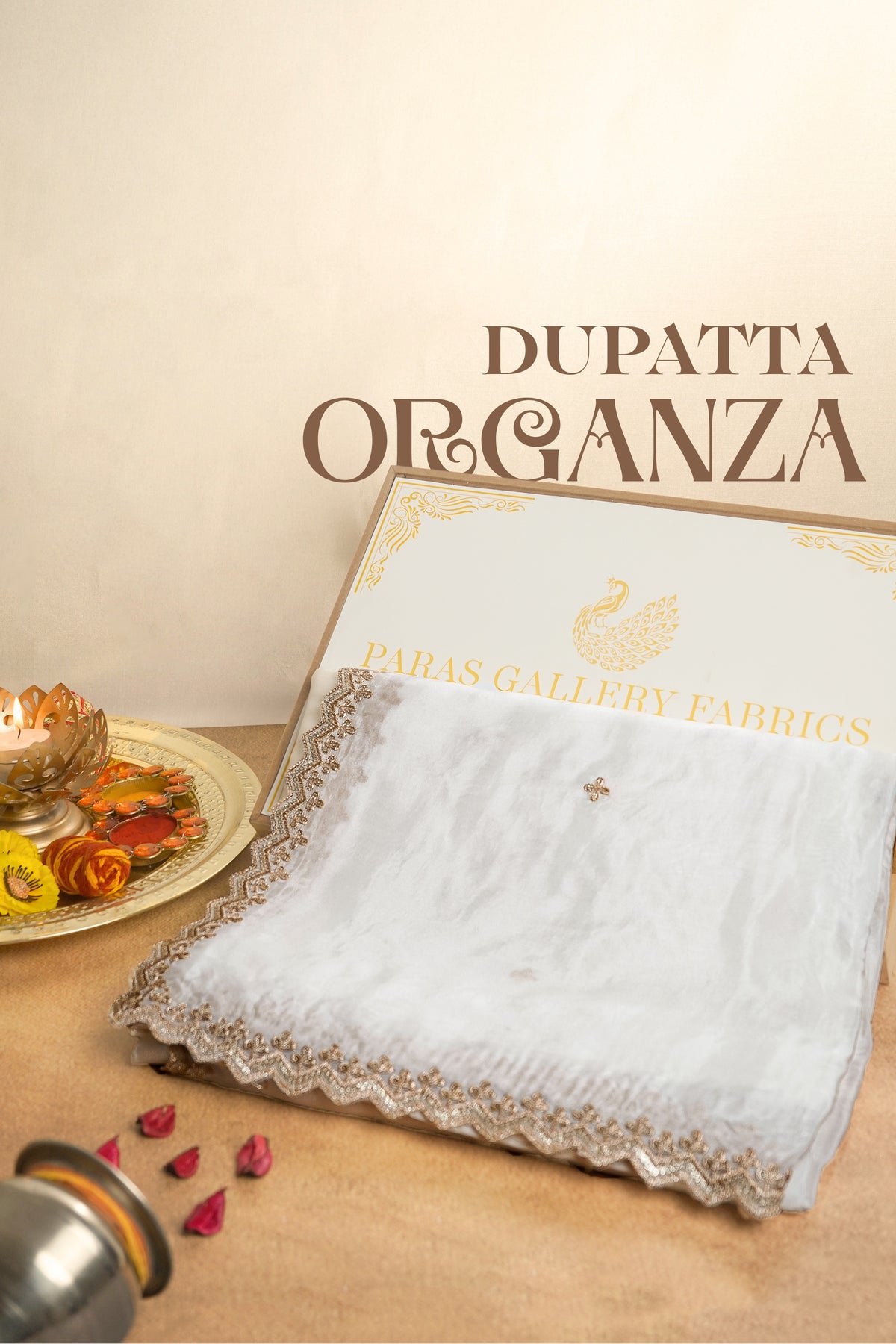 White Dyeable Organza Dupatta With All Over Zari And Sequins Work 21736