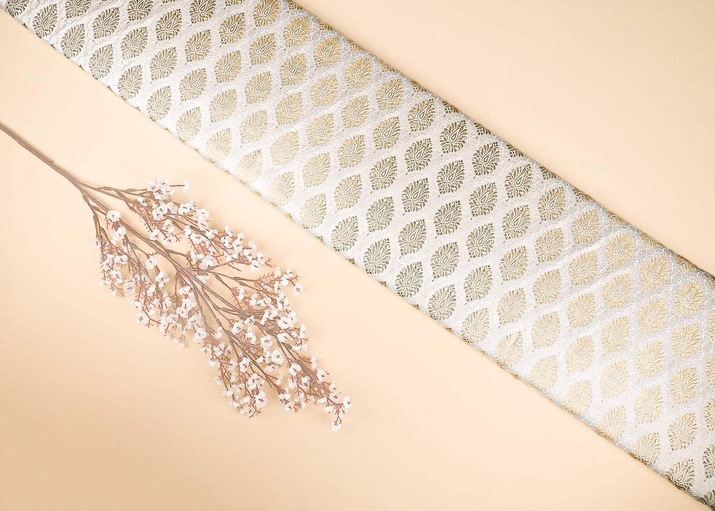 White Dyeable Banarasi Brocade Fabric With All Over Zari Handloom 21746