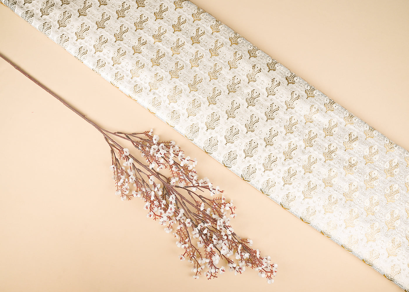 White Dyeable Banarasi Brocade Fabric With All Over Zari Handloom 21747