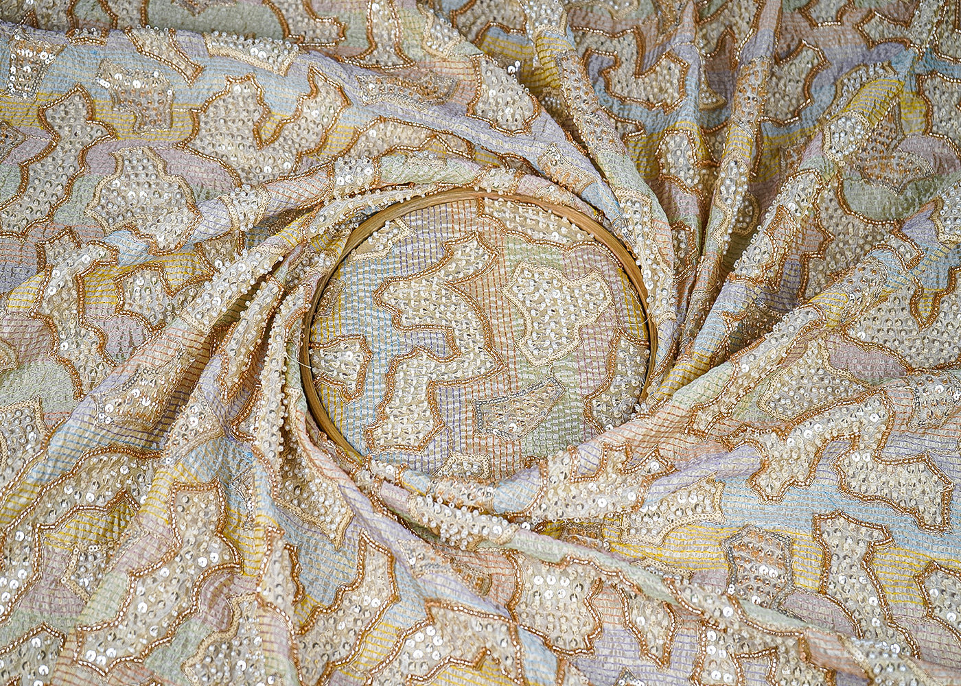 Golden Dyeable Tissue Fabric With All Over Multi Color Thread, Sequins And Bead Work  21649